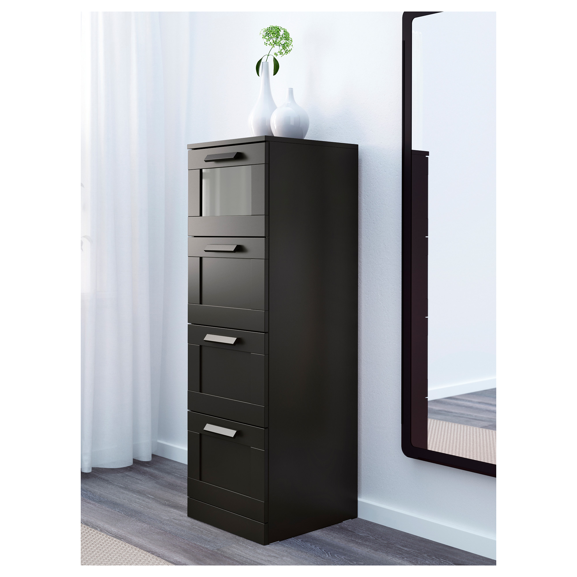 BRIMNES chest of 4 drawers black/frosted glass 39x46x124 cm IKEA Latvija