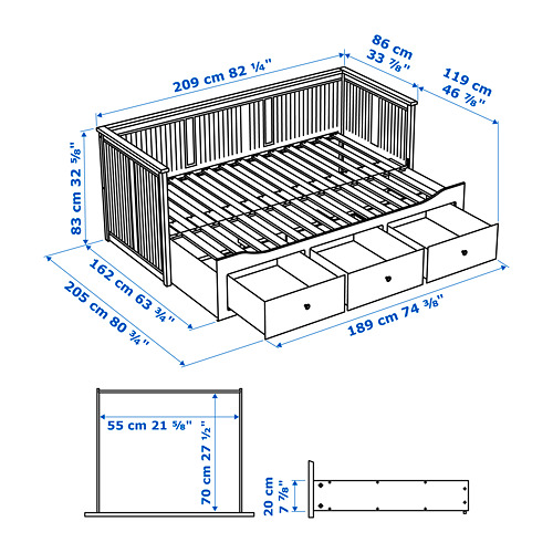 HEMNES kušetė su 3 stalčiais, 2 čiužiniais