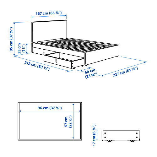 GLADSTAD upholstered bed, 2 storage boxes