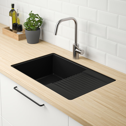 KILSVIKEN inset sink, 1 bowl with drainboard black quartz composite/f