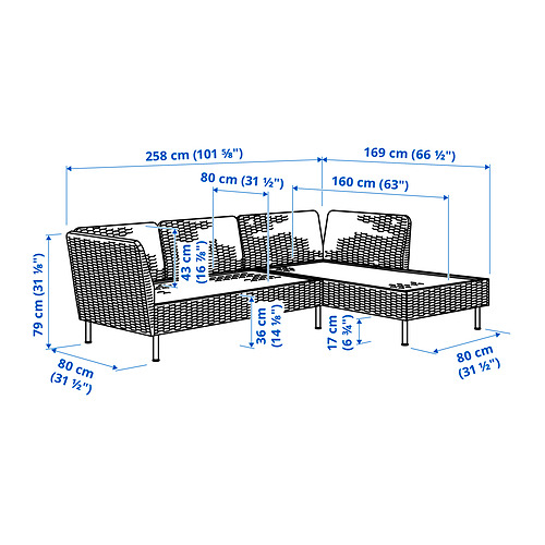 VITTSKÄR, trivietė sofa su gulimuoju foteliu