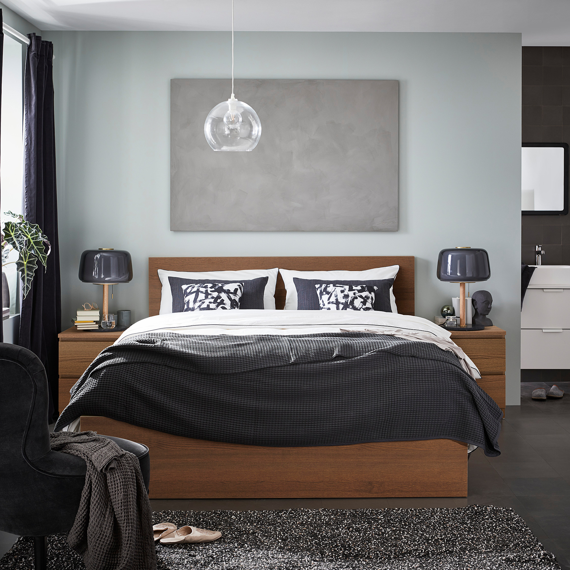 MALM bed frame, high, without slats brown stained ash veneer 176x100 cm