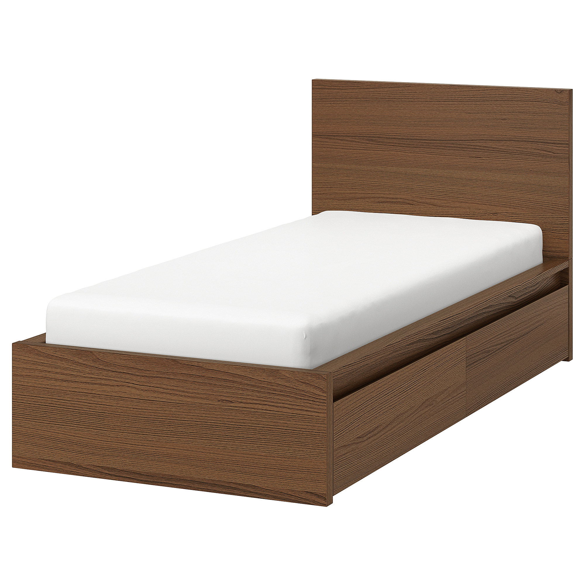 MALM bed frame, high, w 2 storage boxes brown stained ash veneer/Lönset 90x200 cm IKEA Eesti