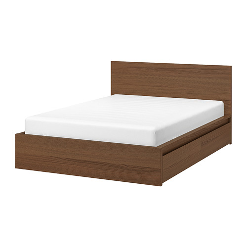 MALM bed frame, high, w 2 storage boxes brown stained ash veneer/Luröy
