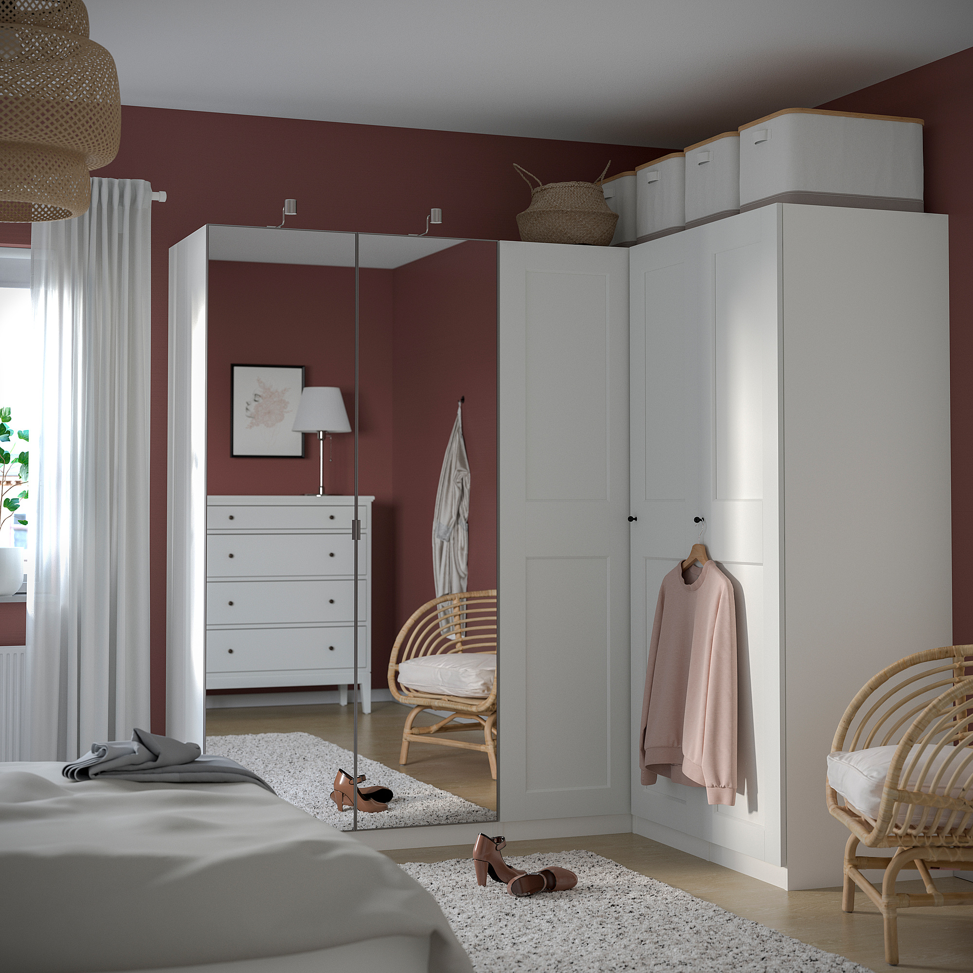 PAX/GRIMO/VIKEDAL corner wardrobe white/mirror glass 210/160x201 cm