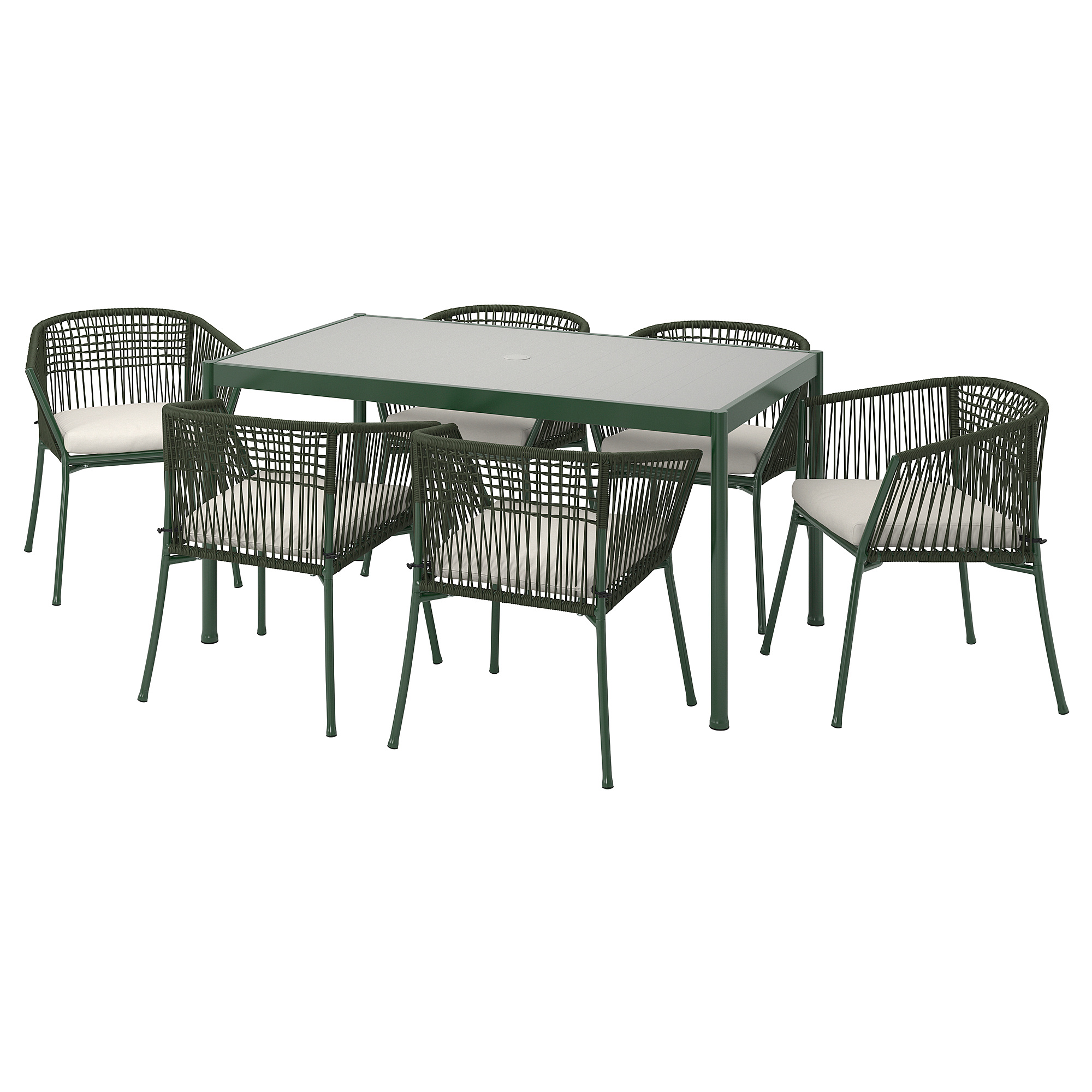 SEGERÖN table+6 chairs w armrests, outdoor dark green/Frösön