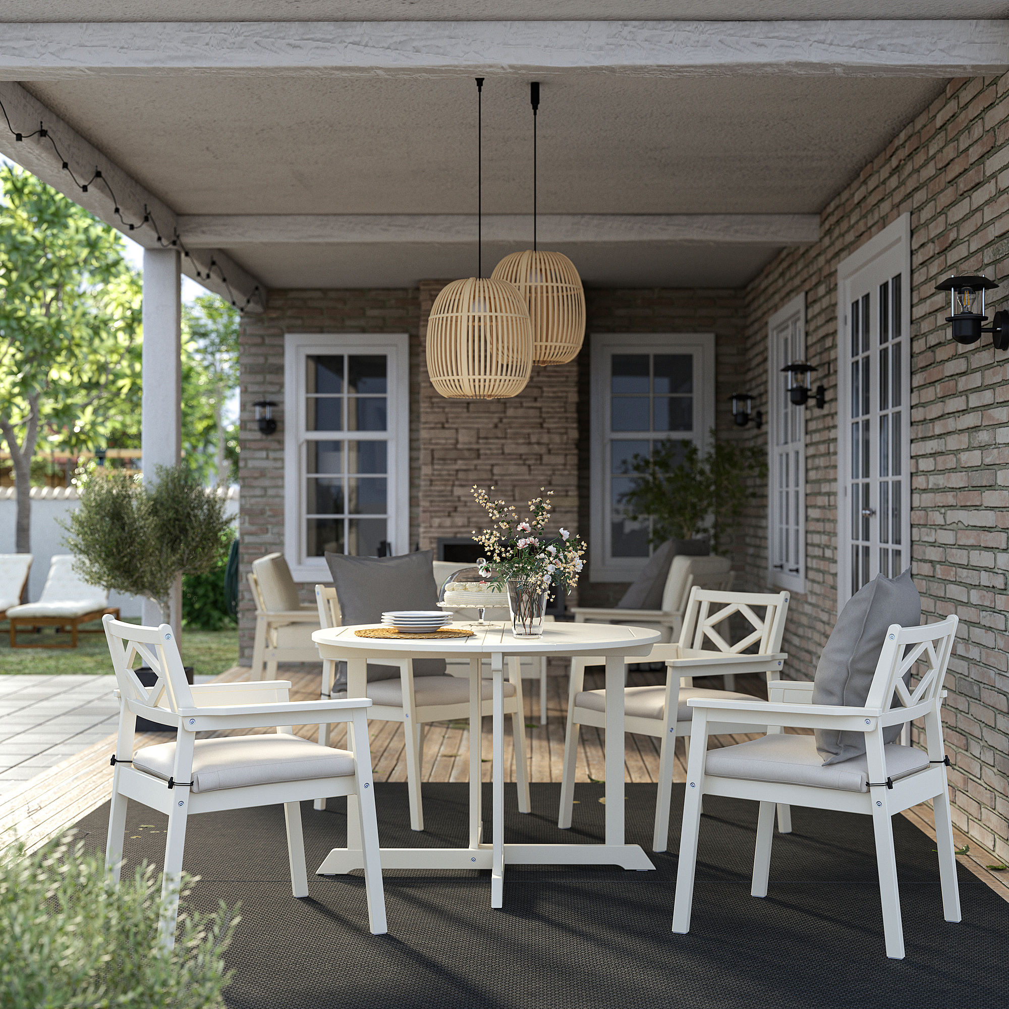 BONDHOLMEN table+4 chairs w armrests, outdoor white/beige/Frösön ...