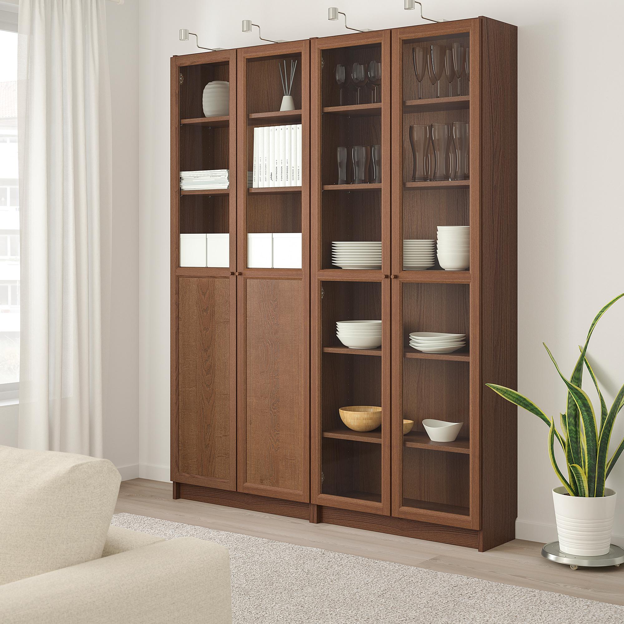 BILLY/OXBERG bookcase with panel/glass doors brown ash veneer/glass