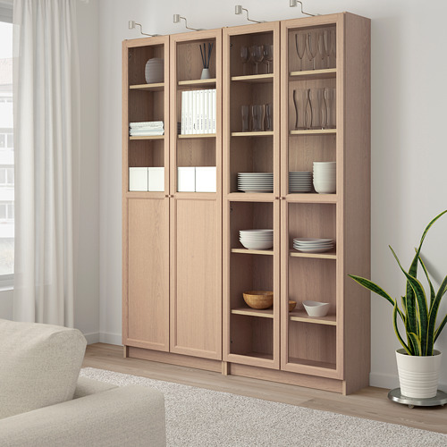 BILLY/OXBERG bookcase with panel/glass doors white stained oak veneer