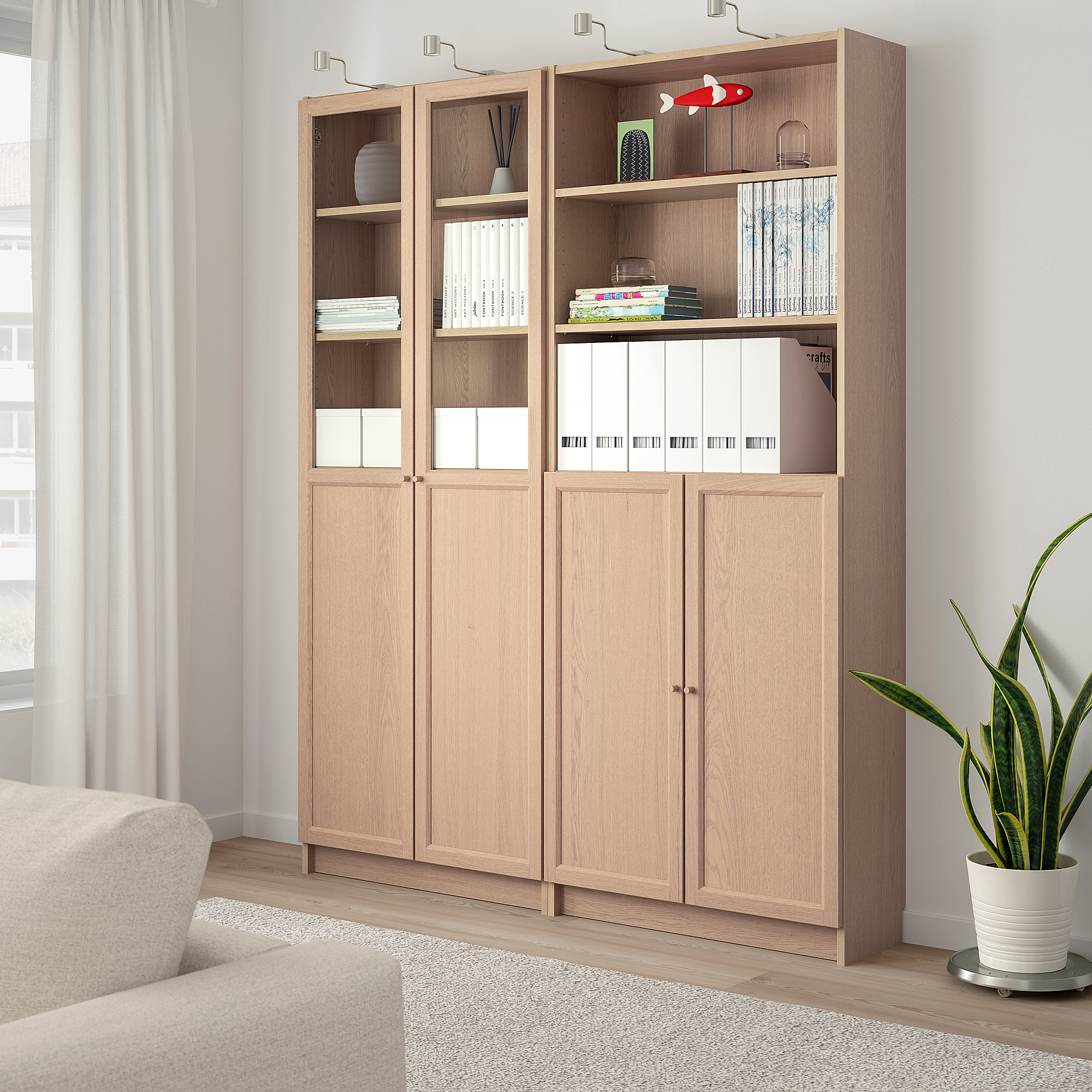 BILLY/OXBERG bookcase with panel/glass doors white stained oak veneer 160x30x202 cm IKEA Eesti