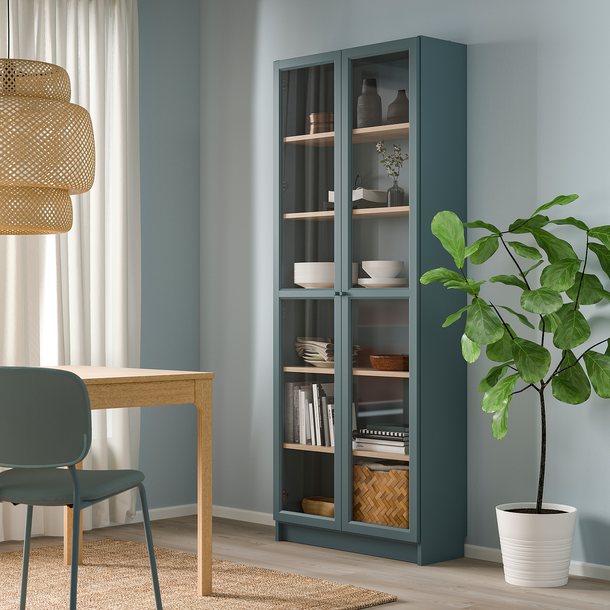 BILLY bookcase with glassdoors greyturquoise/white stained oak veneer 80x30x202 cm IKEA Lietuva