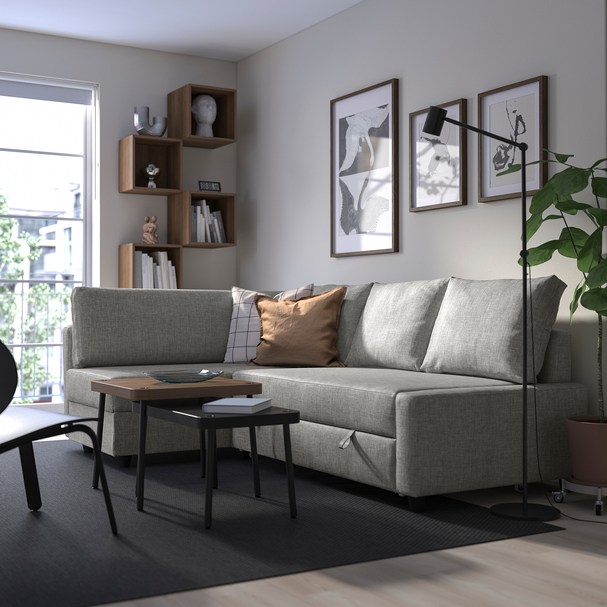 FRIHETEN corner sofa-bed with storage Faringe light grey