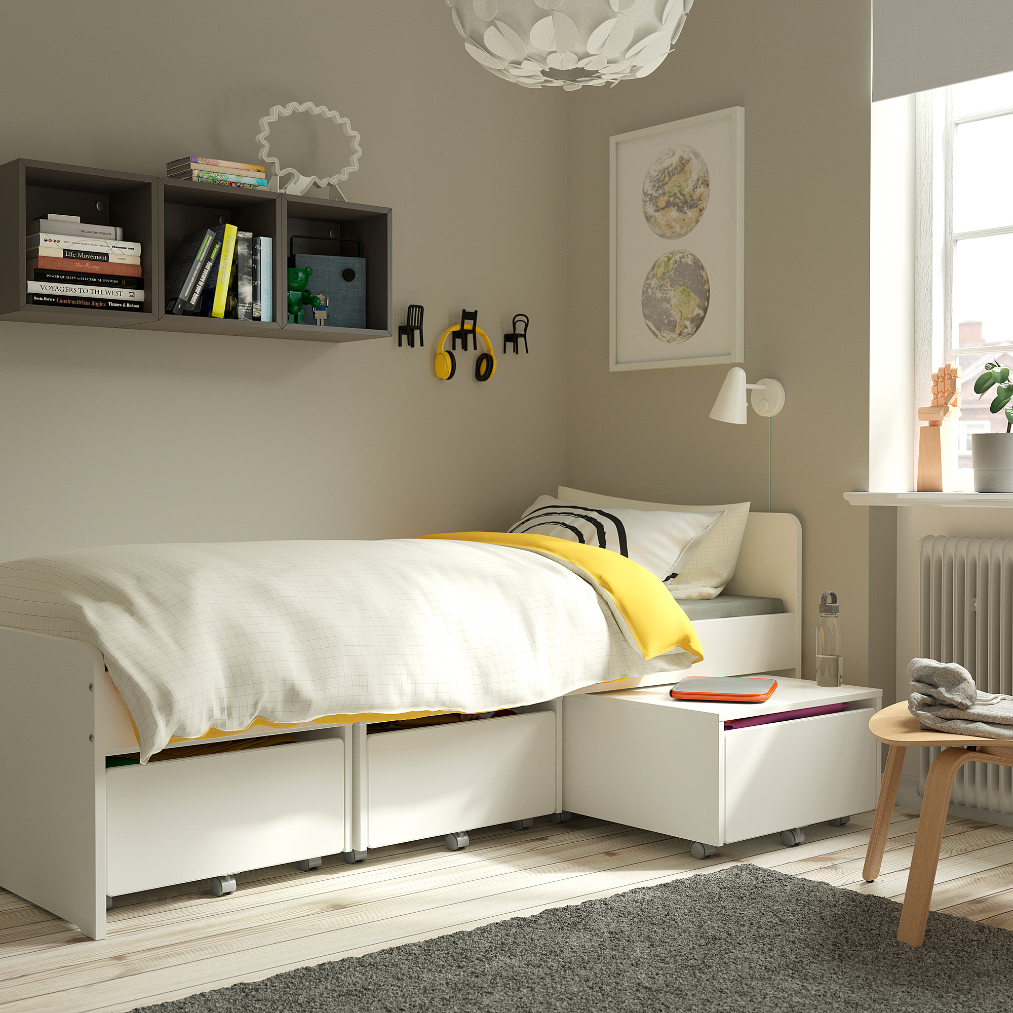 SLÄKT bed frame with 3 storage boxes white | IKEA Eesti