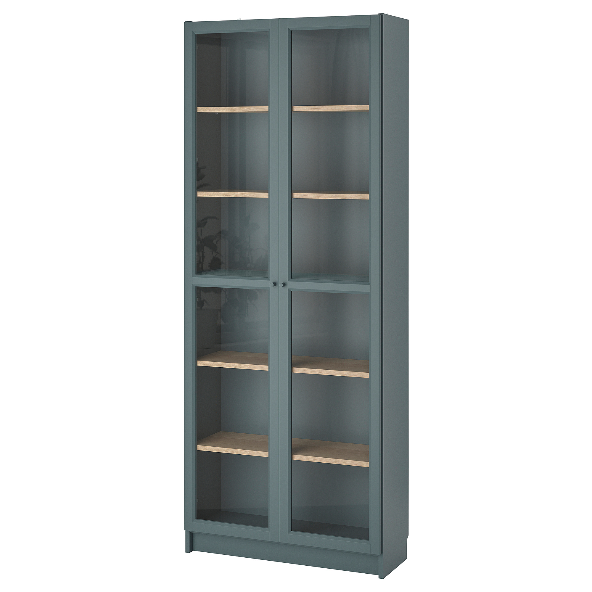 BILLY bookcase with glassdoors greyturquoise/white stained oak veneer