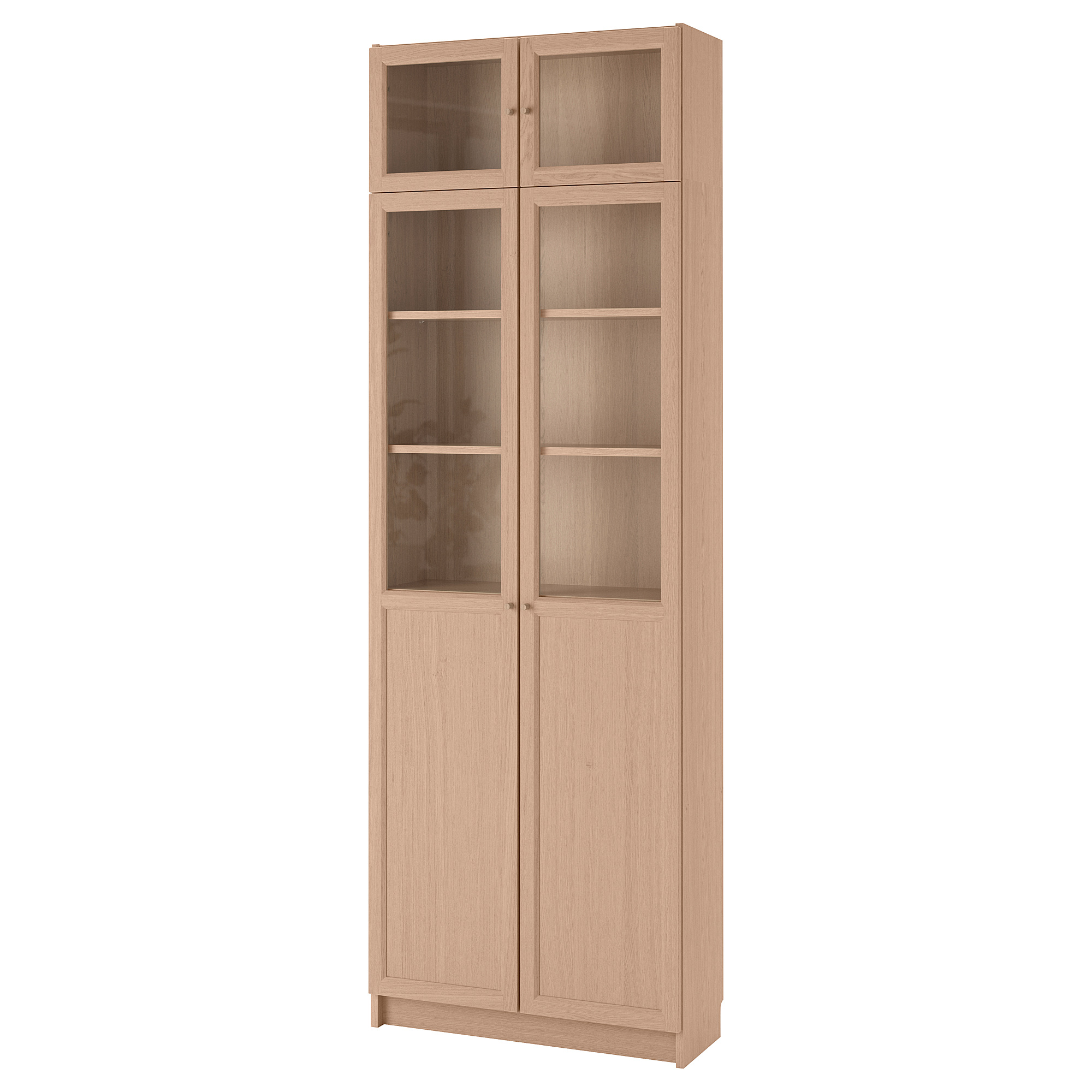BILLY bookcase w hght ext ut/pnl/glss drs white stained oak veneer