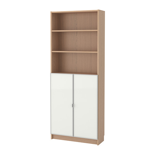BILLY/MORLIDEN bookcase with glassdoors white stained oak veneer/glass