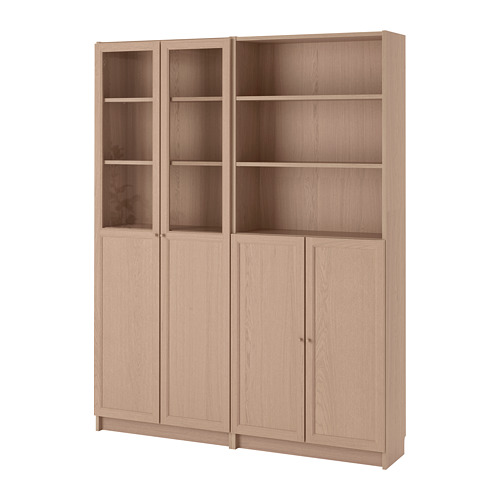 BILLY/OXBERG bookcase with panel/glass doors white stained oak veneer