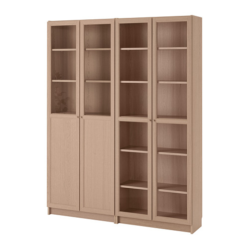 BILLY/OXBERG bookcase with panel/glass doors white stained oak veneer/glass 160x30x202 cm IKEA