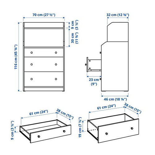 HAUGA chest of 3 drawers with shelf