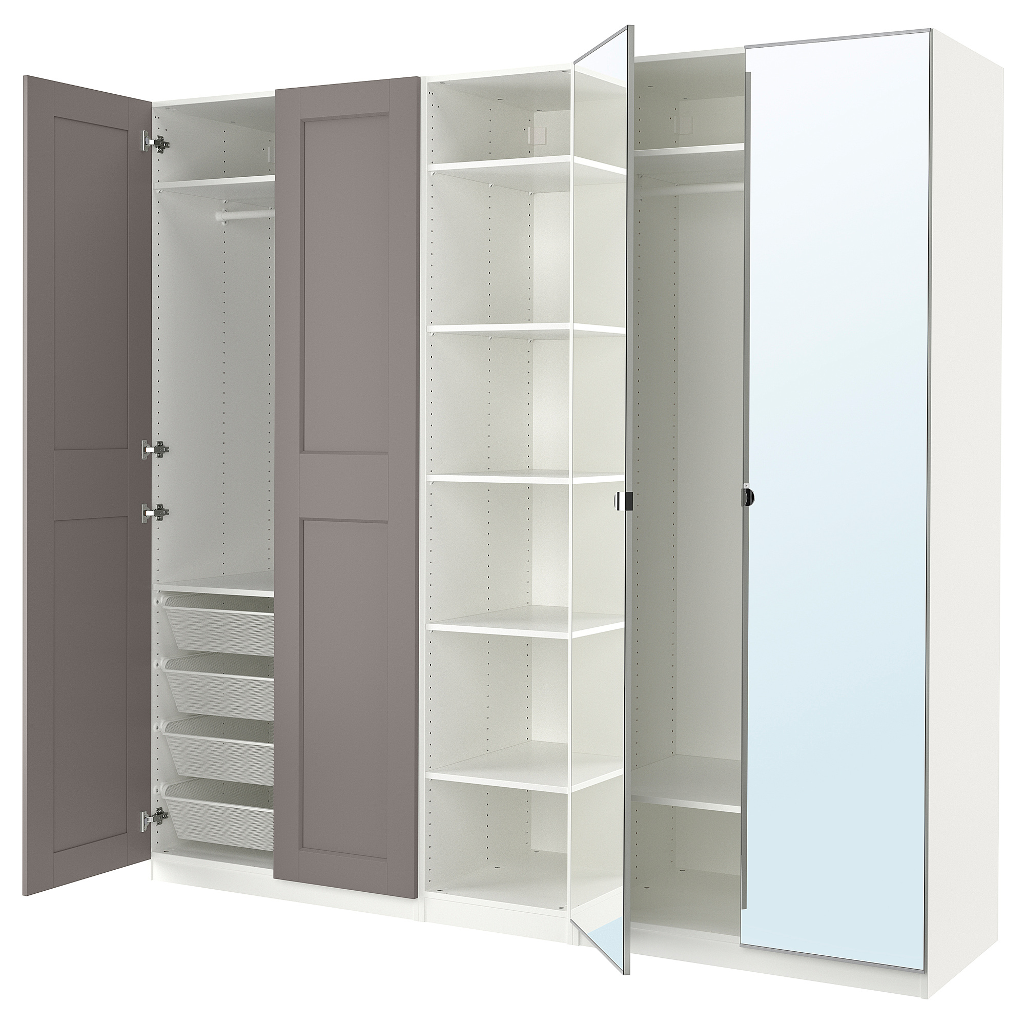 PAX/GRIMO/VIKEDAL wardrobe white/grey mirror glass 250x60x236 cm IKEA