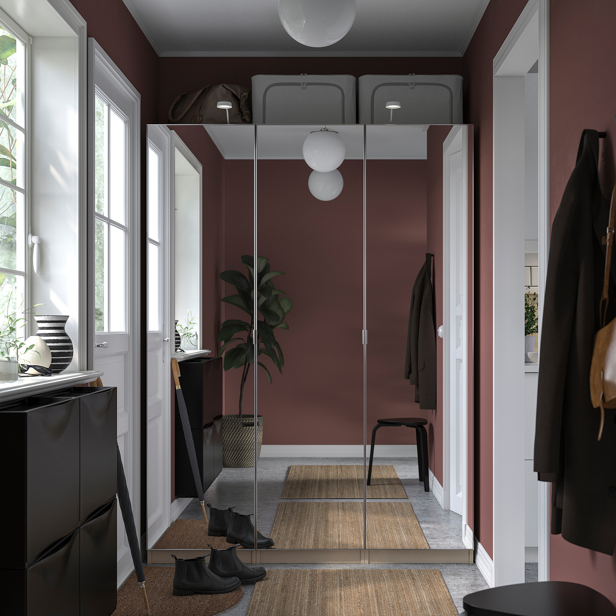 PAX/ÅHEIM wardrobe combination grey-beige/mirror glass