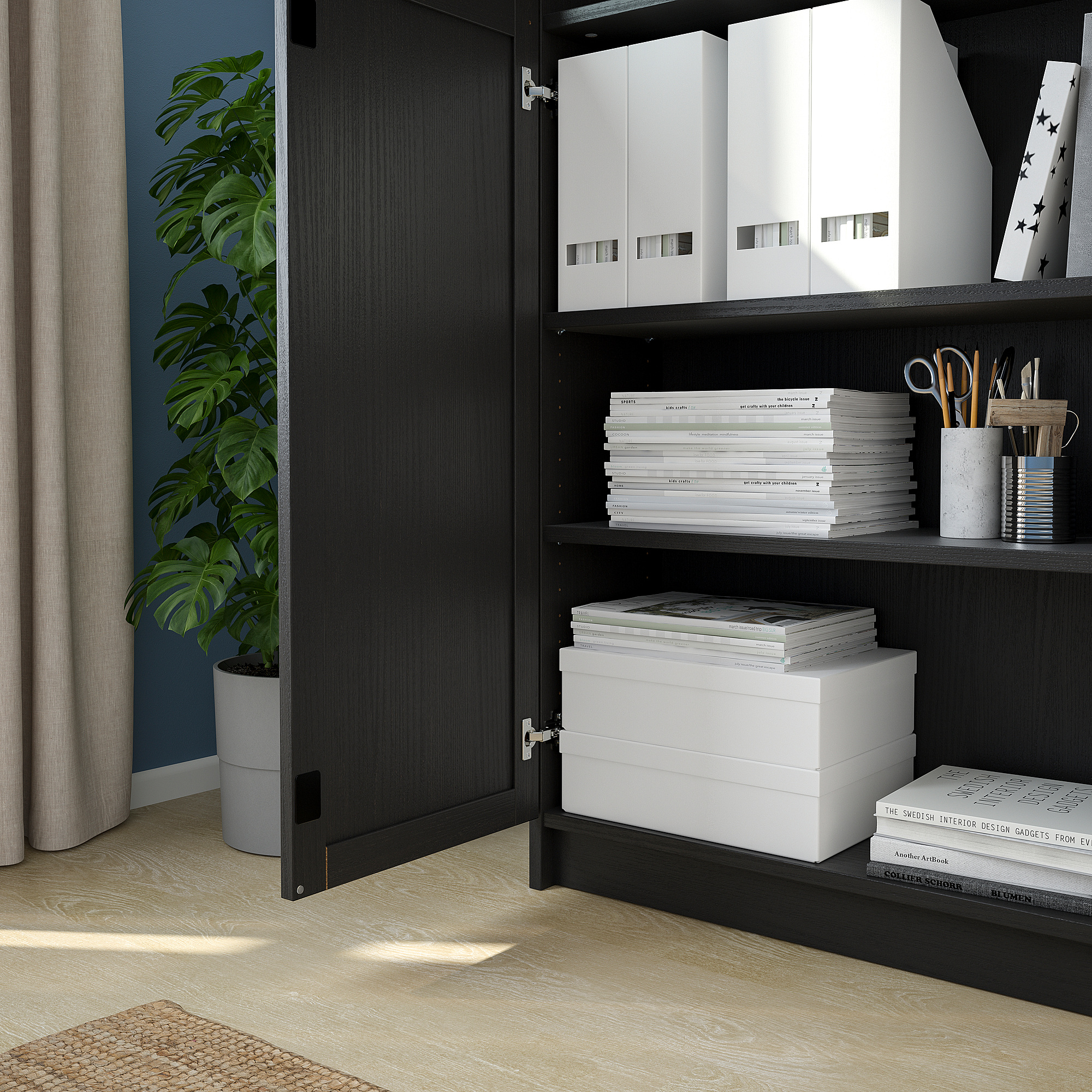 BILLY/OXBERG bookcase with panel/glass doors blackbrown/glass