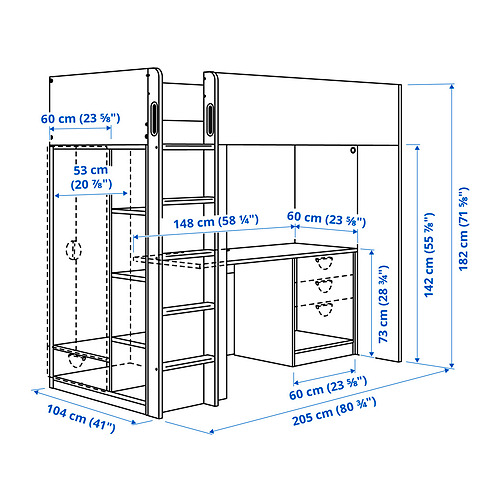 SMÅSTAD loft-voodi raam+kirj.laud+riiul