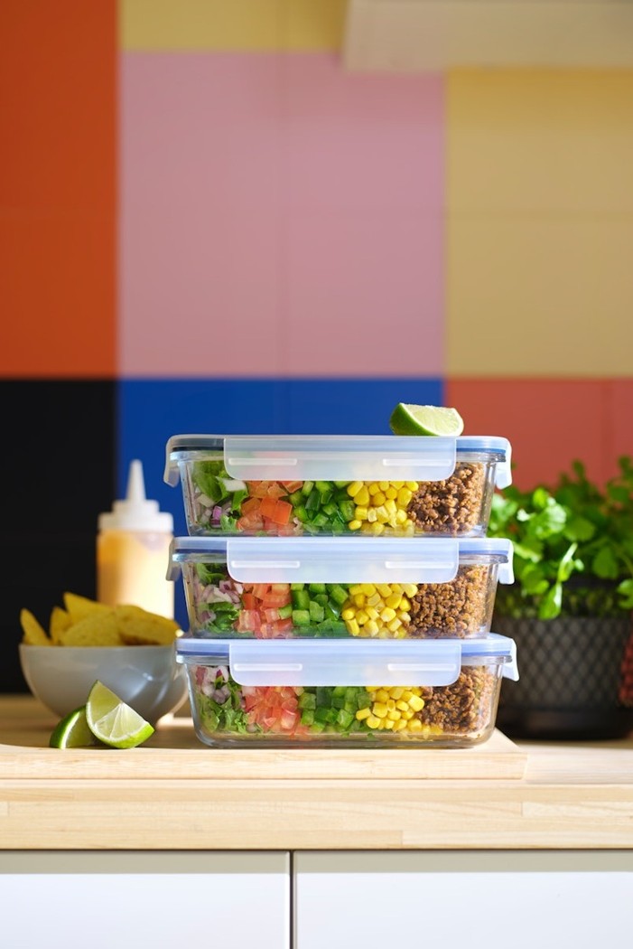 Three stacked IKEA 365+ food containers filled with fresh meals on a countertop.