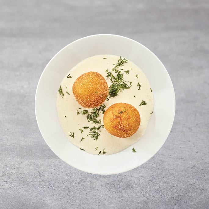 Dish at the Swedish Restaurant: Potato balls stuffed with Mozzarella cheese