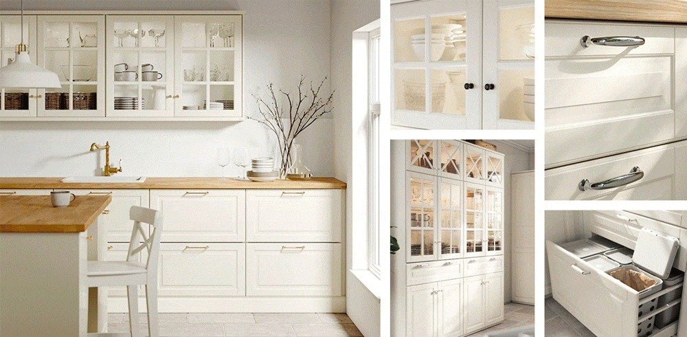 A collage of kitchen images showcasing different styles, including white, wood-toned, modern green, and black industrial designs.