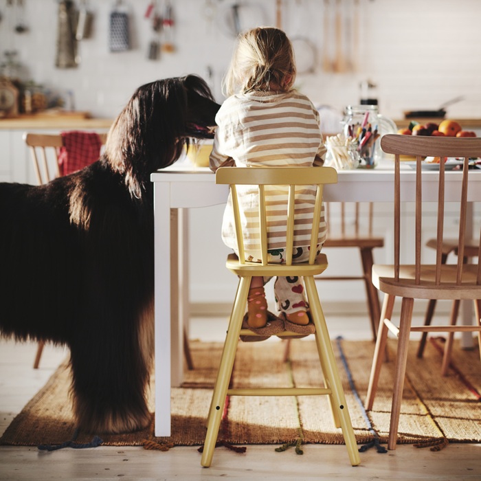 A child is sitting on a yellow high chair at the table with a dog beside them.