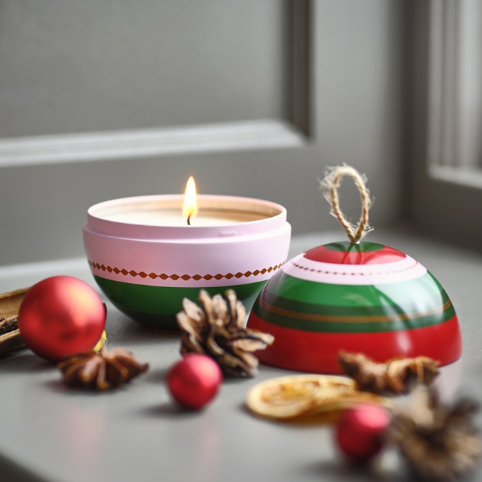Ароматическая свеча VINTERFINT в металлической банке в форме красно-зелёного рождественского шара.