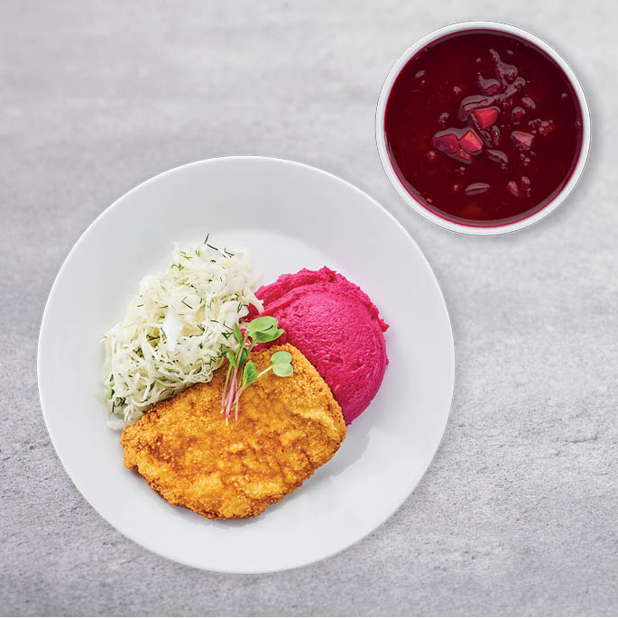 Dish at the Swedish Restaurant: chicken mince with pumpkin-potato mash and beetroot salad