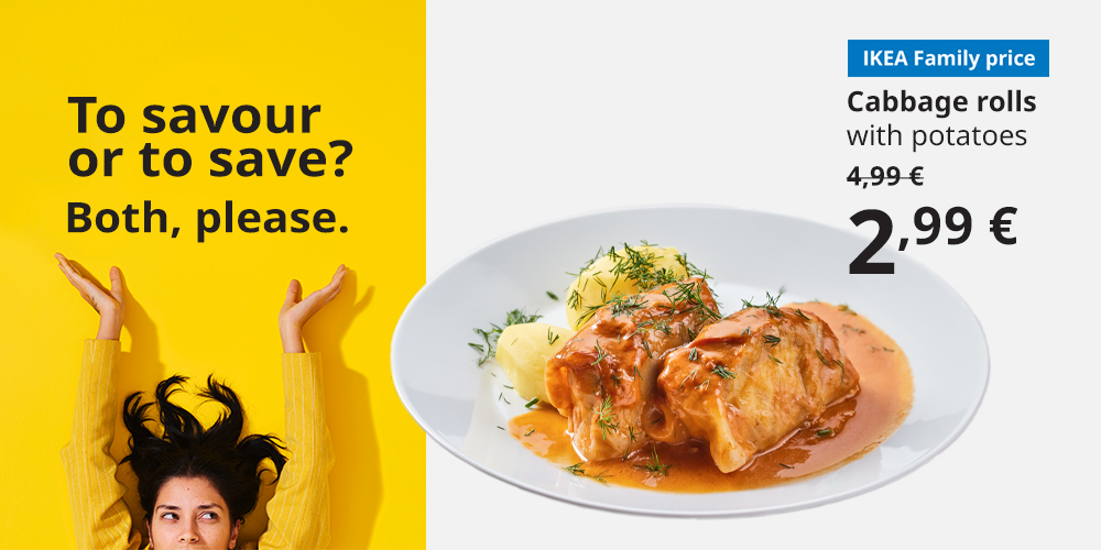 A smiling person lies on a bright yellow background with text: 'To savour or to save? Both, please.' Below is a food offer for IKEA Family club members: cabbage rolls with potatoes served on a white plate, showing the regular price of 4,99 € crossed out and the new price as 2,99 €.