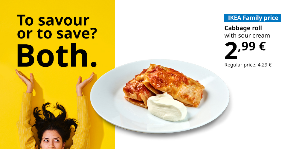 Plate with food on a white background. Caption: IKEA Family price, French potato gratin with string beans and spinach ragout, €2.99, standard price €4.99 (at the top on a yellow background: To savour or to save? Both).