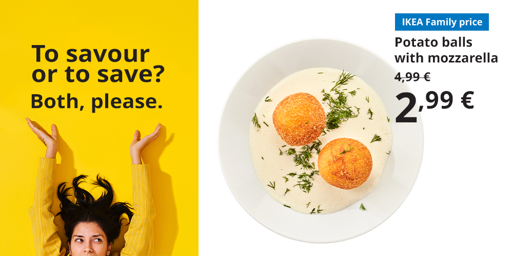 A smiling person lies on a bright yellow background with text: 'To savour or to save? Both, please.' Below is a food offer for IKEA Family club members: cabbage rolls with potatoes served on a white plate, showing the regular price of 4,99 € crossed out and the new price as 2,99 €.