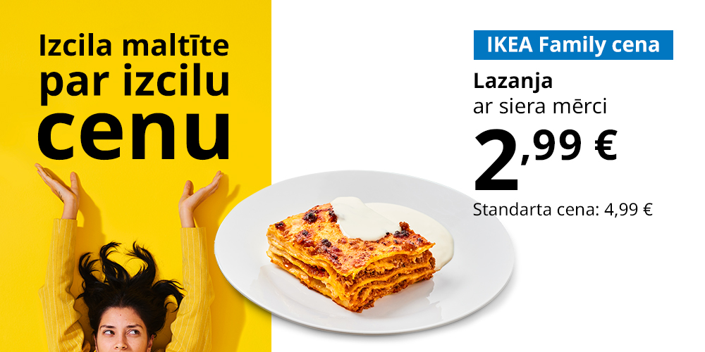 Šķīvis ar ēdienu uz balta fona. Uzraksts: IKEA Family cena, kāpostu tīteņi ar krējumu, 2,99 €, standarta cena 4,29 € (augšā uz dzeltena fona: izcils ēdiens par izcilu cenu). 