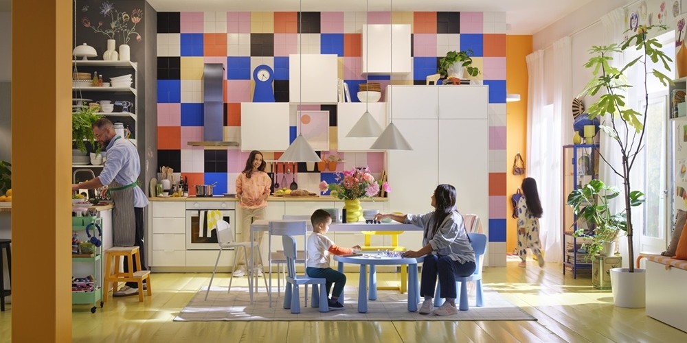 A colourful family kitchen full of life, with family members cooking, crafting, and spending time together.
