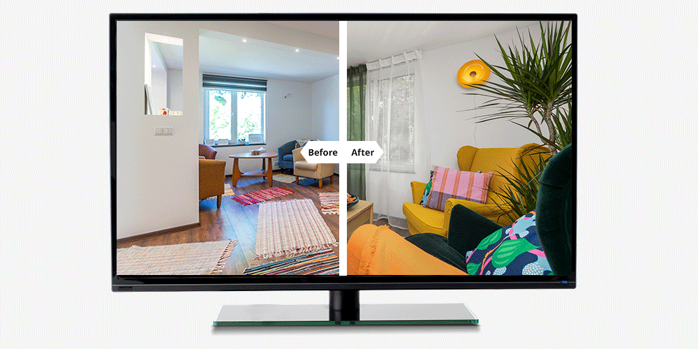 In a white-walled room, a yellow, dark green and black-and-white STRANDMON armchair stands around a wood-tone coffee table. In the background, there is an art corner with an extendable table and chairs.