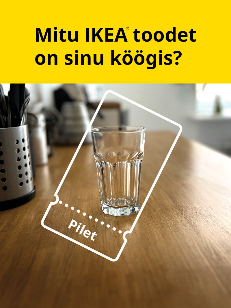 Reklaampilt, kus on IKEA klaas köögitasapinnal ja küsimus Mitu IKEA toodet on sinu köögis? kollasel taustal.
