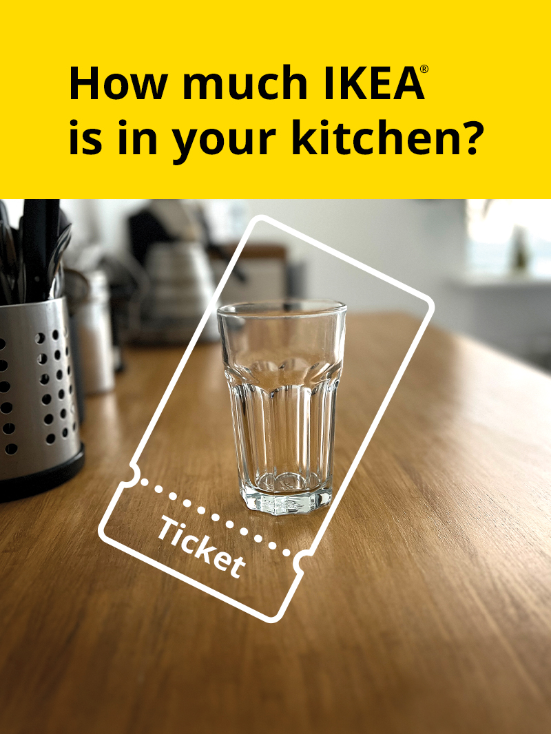 Promotional image showing an IKEA glass on a kitchen countertop with the question How much IKEA is in your kitchen? on a yellow background.
