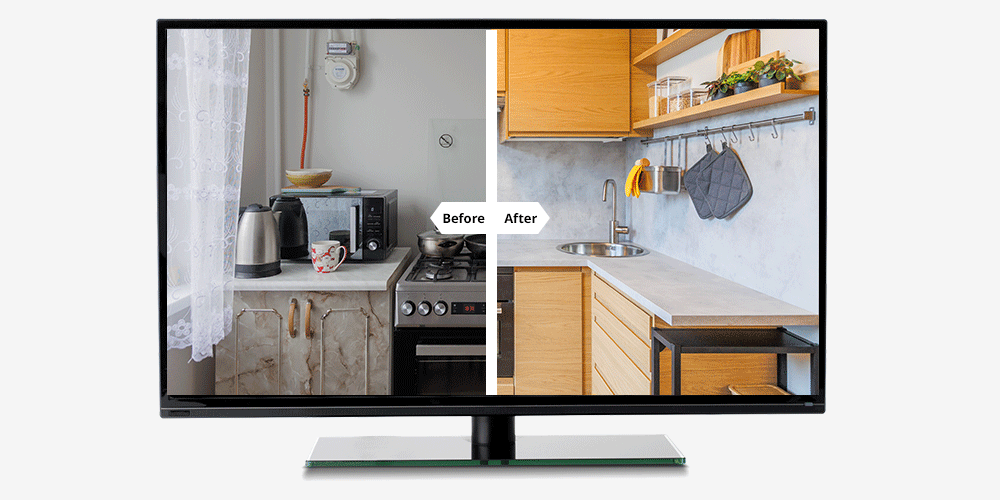 Television screen showing the kitchen interior before and after the makeover: a long-unrenovated kitchen transforms into a modern, organised and cosy space with a dining area.