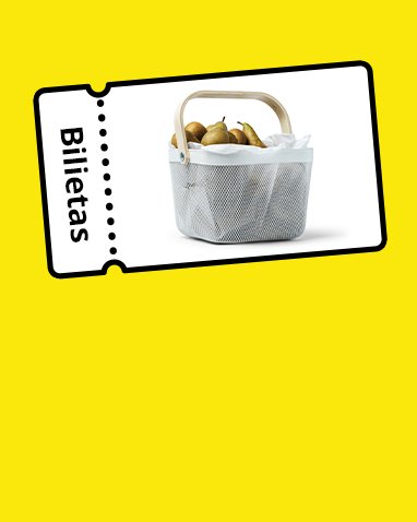 Geltoname bilieto grafike pavaizduotas tinklinis pirkinių krepšys su kriaušėmis.