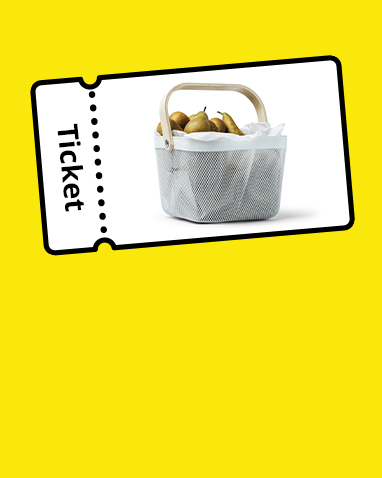 Yellow ticket graphic featuring a mesh shopping basket filled with pears.