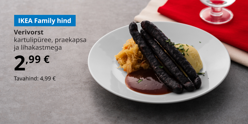 Lambakotletid, mis on serveeritud koos kartulipüree, kastme ja juurviljadega valgel taldrikul, mis on asetatud hallile töötasapinnale. Taldrikust vasakul üleval on näidatud IKEA Family hind 2,99 € (tavahind on 4,99 €).