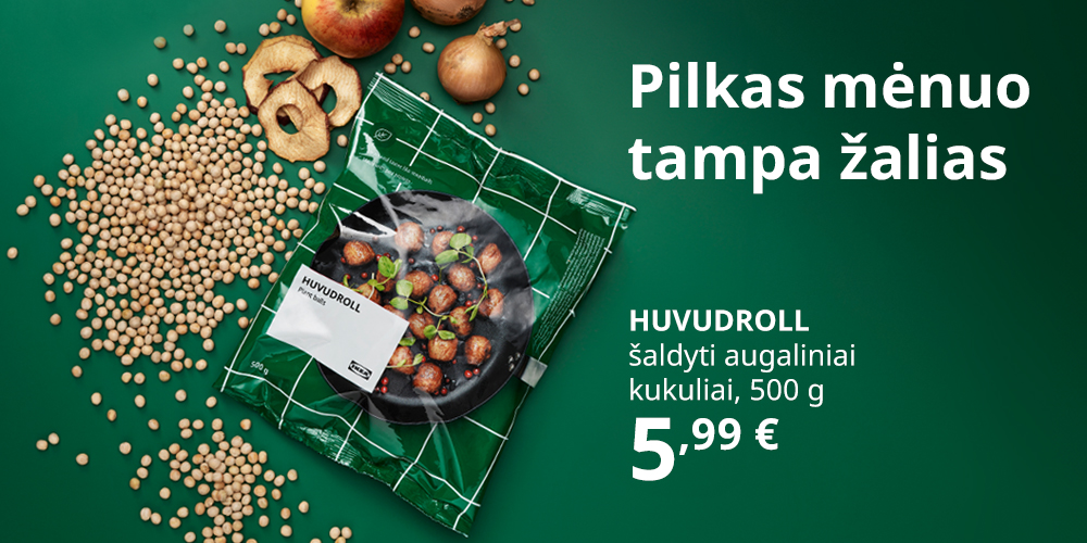 Šaldytų augalinių kukulių HUVUDROLL pakuotė guli žaliame fone kartu su obuolių griežinėliais, svogūnais ir žirniais. Šalia užrašytas tekstas „Pilkas mėnuo tampa žalias“ ir kaina: 5,99 €.