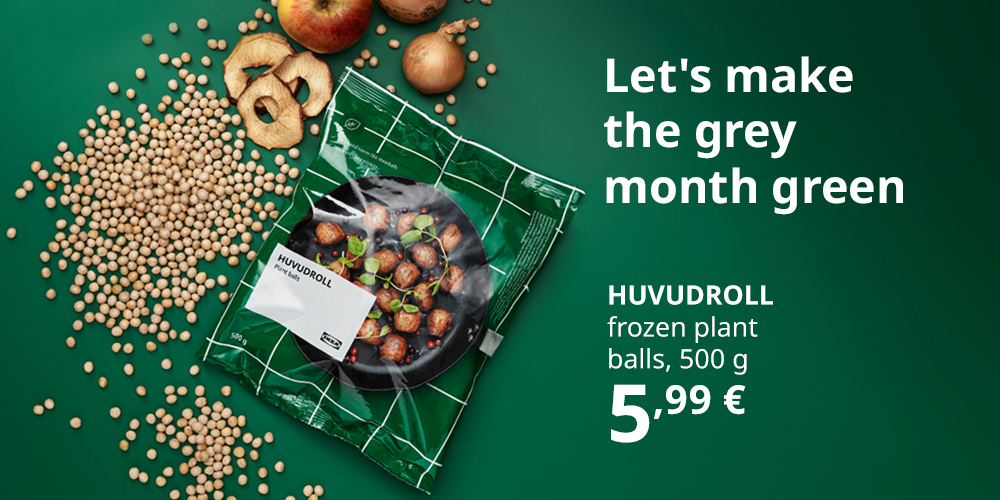 Pack of HUVUDROLL frozen plant balls on a green background, with apple slices, onions and peas. The overlay text says: “Let’s make the grey month green”, highlighting a price of 5.99 €.