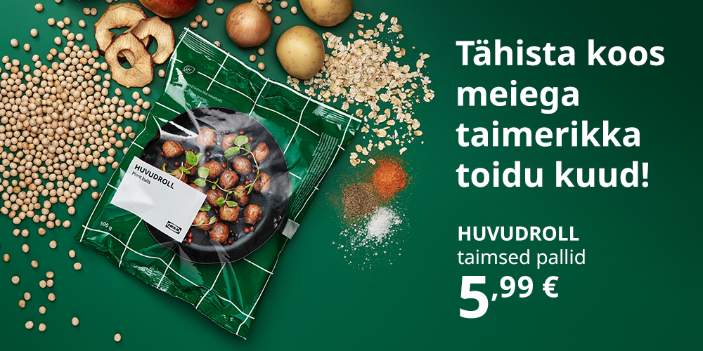 HUVUDROLL külmutatud taimsete pallide pakk tumerohelisel taustal ümbritsetuna erinevatest koostisosadest, millest need taimsed pallid tehtud on.